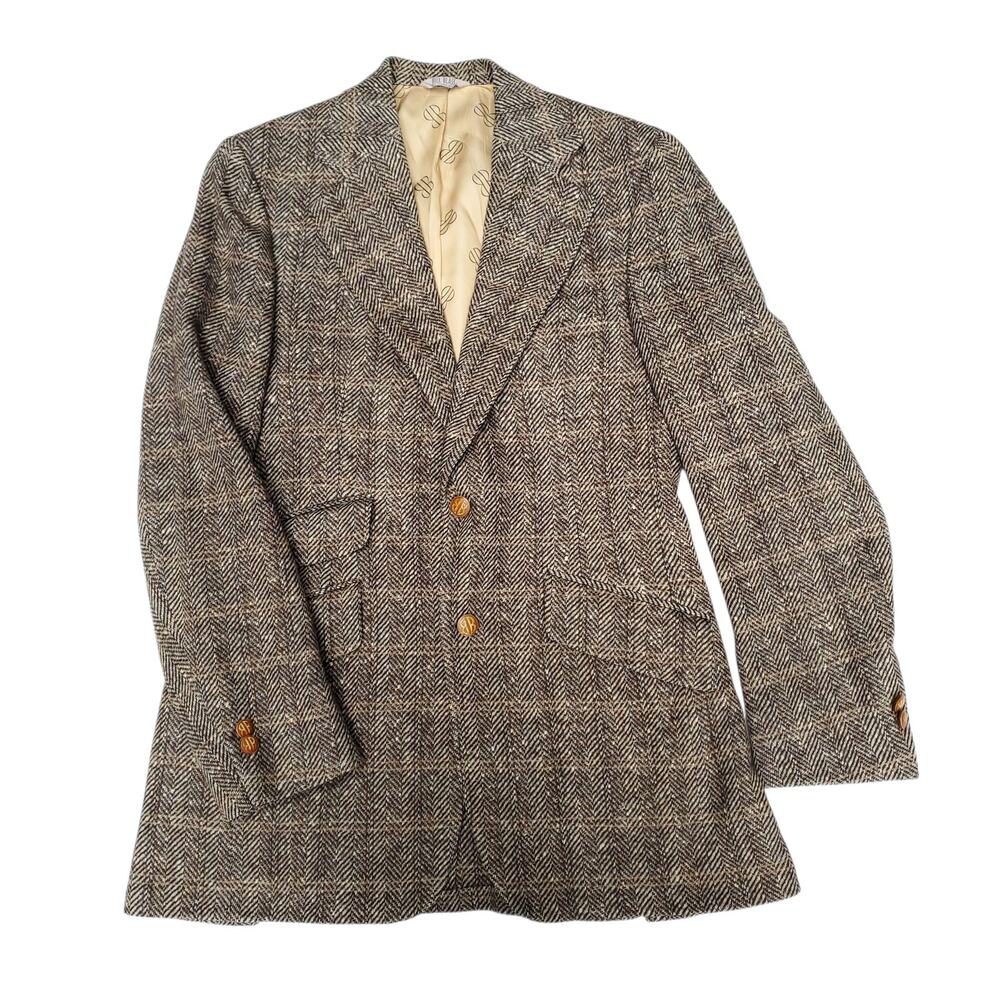 Bill Blass Brown Herringbone Wool Tweed Jacket Blazer Sport Coat Wood Button 40L